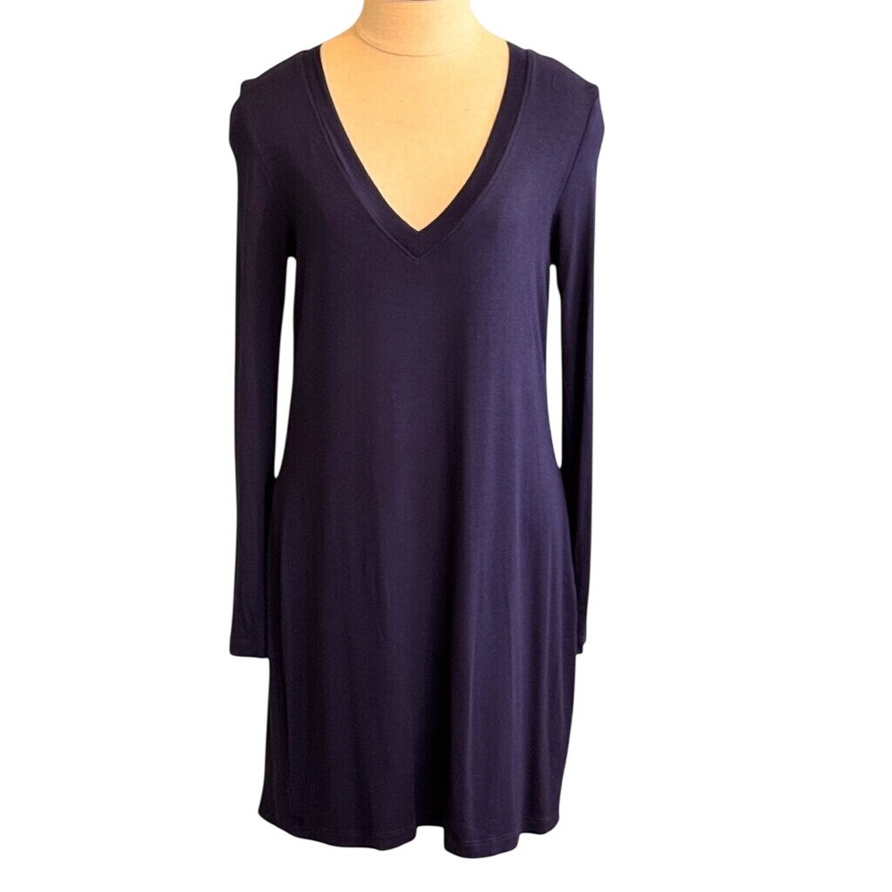 Trina Turk Navy Blue Long Sleeve V-Neck Tunic Mini Dress M Jersey Knit Lined